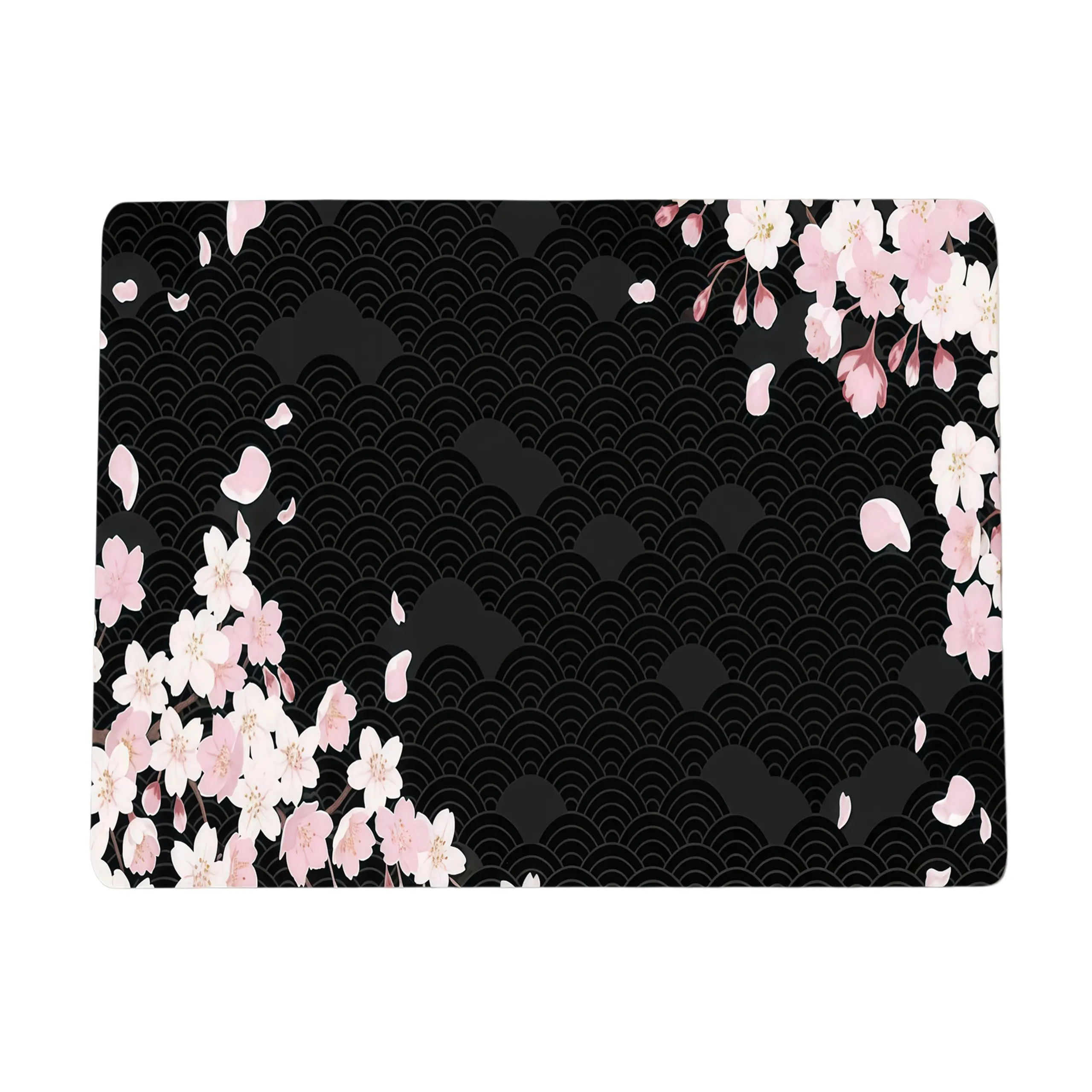 Pink Cherry Blossom & Black Seagull Wave Mouse Pad, Beautiful Cherry Blossom Non-slip Waterproof Desk Mouse Pad, Office Desk Accessory, Computer Desk Accessory, Office Desk Supply, Portable Mouse Pad, Multi-functional Office Supply, Size 20X24cm