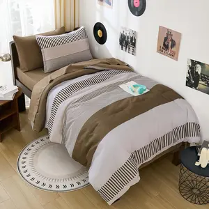Brown comforter set (twin size), classic striped comforters for girls, 5-piece bed-in-a-bag bedding sets in a simple neutral style for kids and teens
