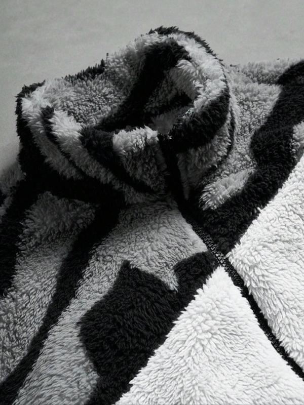 Men's Loose Tribal Pattern Fleece Jacket, Warm Thick Lamb Fur Coat, Camo Print, High Neck Full Zip Outerwear, Winter Street Style