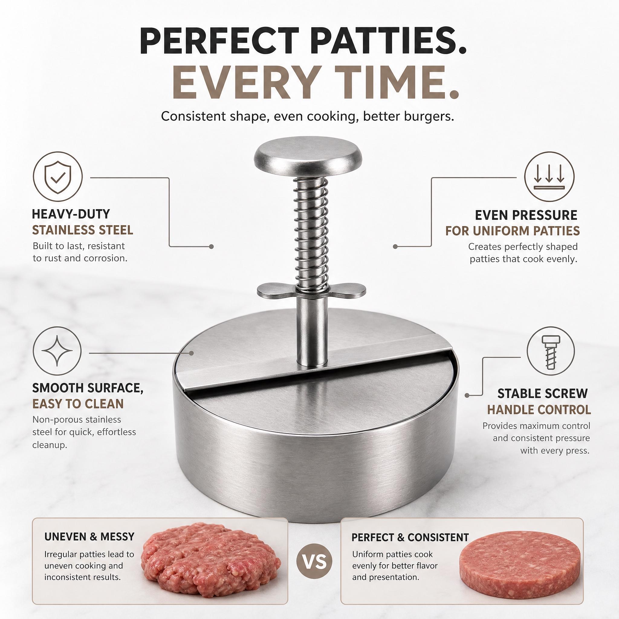 Stainless Steel Burger Patty Press – Spring-loaded mold for making perfect, evenly shaped patties; nonstick iron burger press for kitchen and BBQ #KitchenGadget