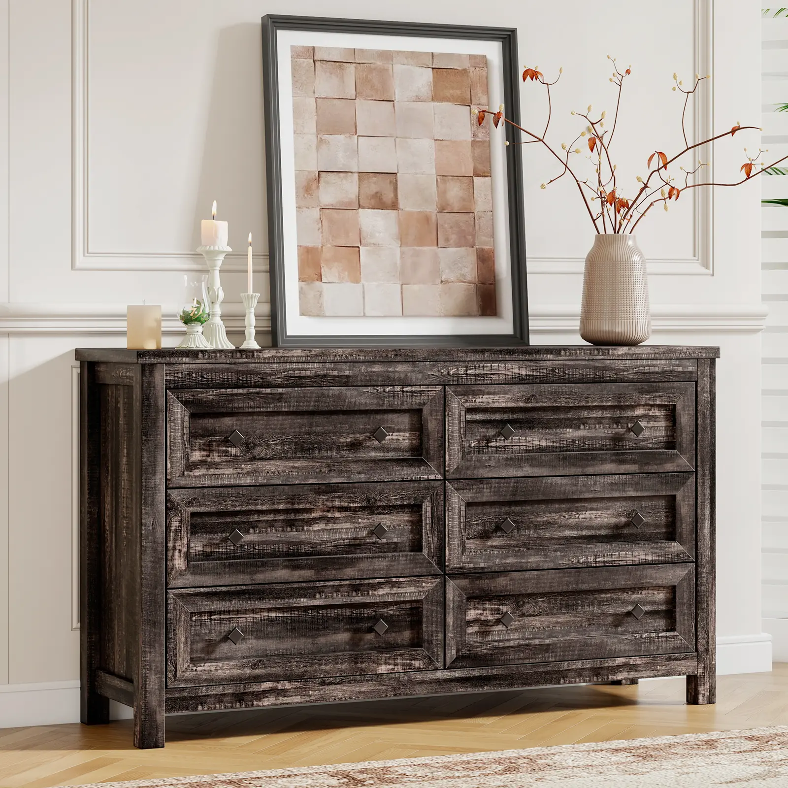 [SummerFinds][Summerwins] [SummerFinds] AMERLIFE Farmhouse 6 Drawers Dresser, Wood Rustic Chest of Drawers for Bedroom, Closet Storage Dressers Organizer, 6 Drawers Chest for Living Room
