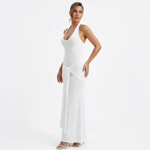 Women's Formal Slim-Fit Bodycon Dress with Neckline Tie and Ribbon Panels