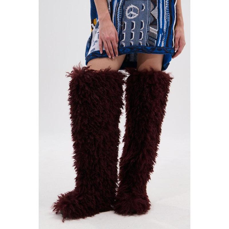 AZALEA WANG TEMPLETON BURGUNDY FAUX POODLE FUR OVER THE KNEE BOOT