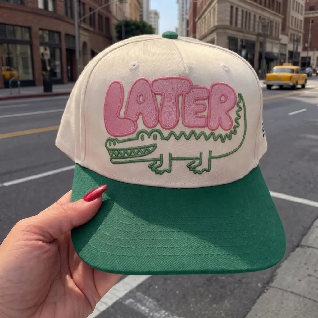 Later Alligator Trucker Cap Pink Green Embroidered Snapback Hat - Unisex Vintage Baseball Cap with Crocodile Design Streetwear