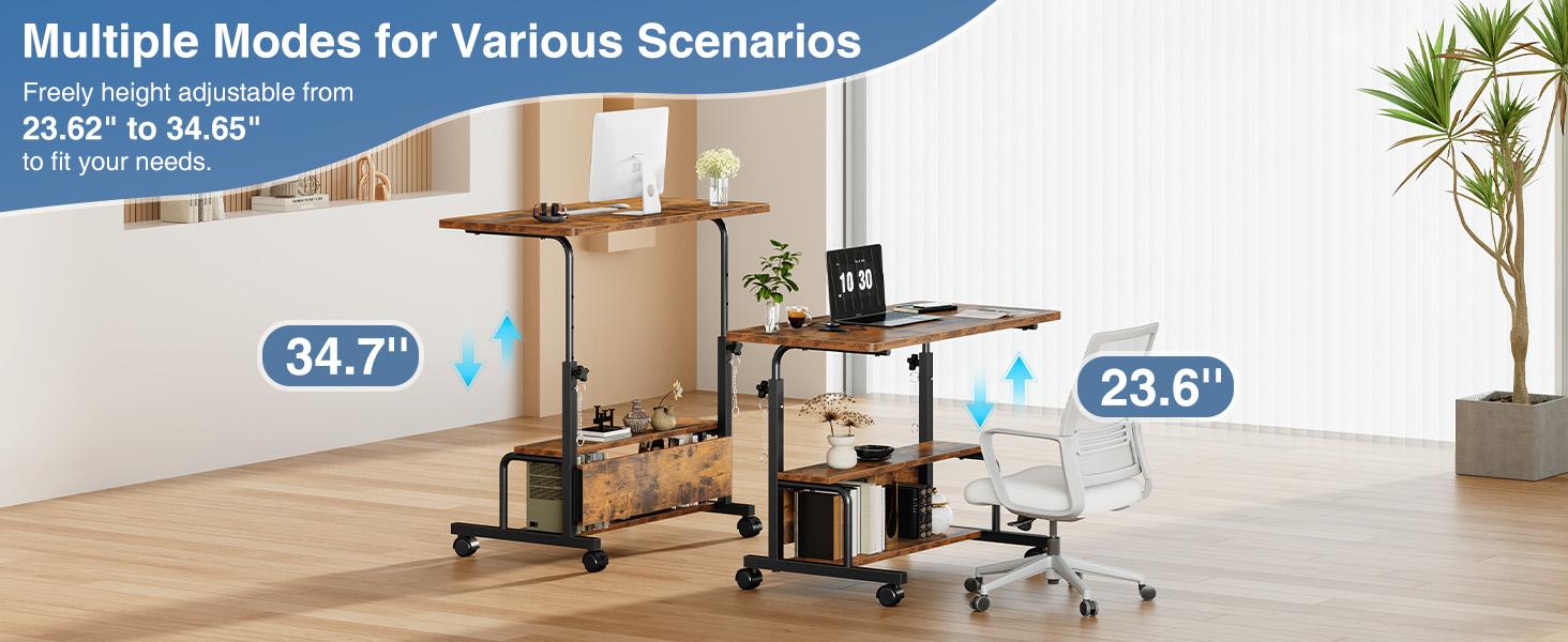 Laptop Desk Adjustable Desk Small Standing Desk Home Office Desks for Small Spaces Portable Desks Table for Bedrooms,Mobile Rolling Computer Work Desks on Wheels