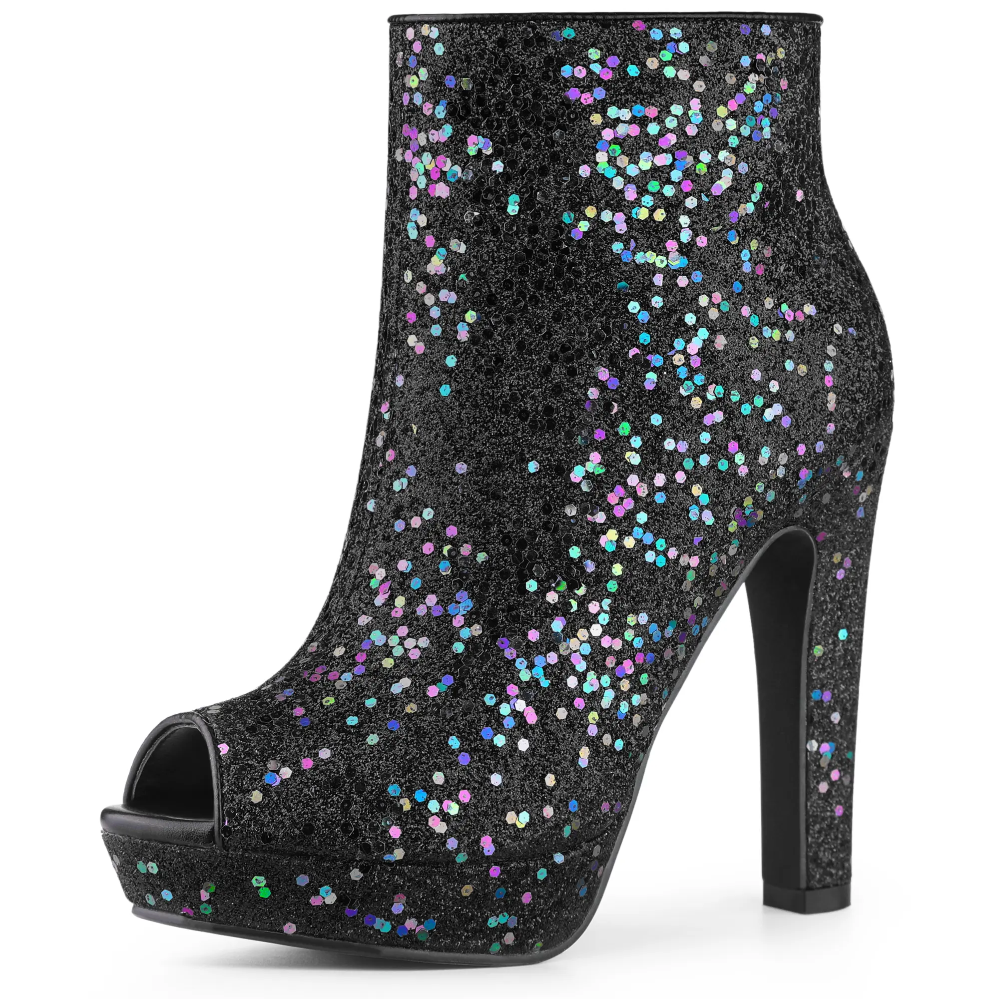 BLISSFUL STEP Women's Glitter Platform Chunky Heel Ankle Boots