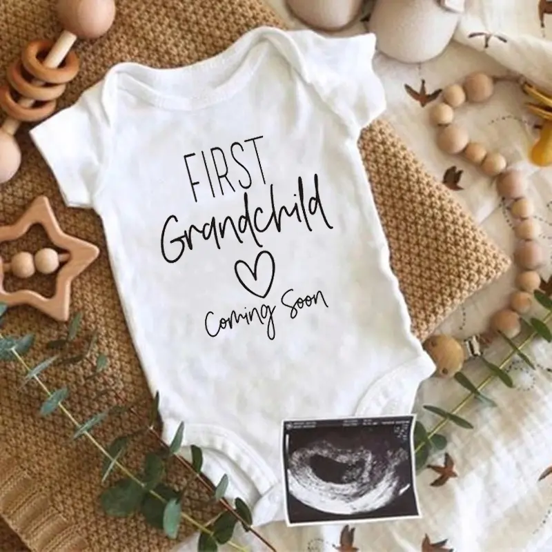 Baby Crew Neck Bodysuit, "First Grandchild" Print Short Sleeve Fitted 100% Cotton Top with Bottom Snap Buttons, Baby Shower