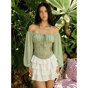 Cider Chiffon Floral Jacquard Scoop Neckline Lantern Sleeve Drawstring Blouse
