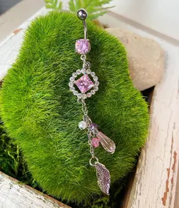 Circle Dangle Pink & Clear Gem Belly Ring Navel Piercing Pierced Naval