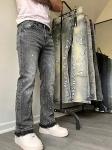 Men's High-End Casual Streetwear Loose-Fitting Flared Leg Jeans, Menswear All Seasons Button Fly Zipper Flare Pants, Plain Water Washed Denim Bottoms