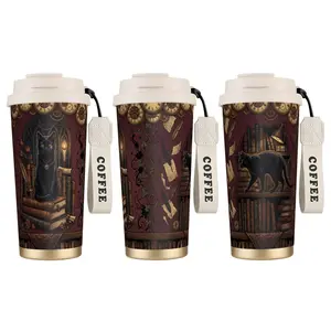 1pc 18oz Mystery Black Cat & Old Books Coffee Tumbler, Gothic Steampunk Style, Stainless Steel Vacuum Cup, Suitable for Men and Women, Commuting, Study Room, Anniversary Gifts beverage coffee bottle drinkware