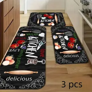 3-Piece Kitchen Mat Carpet Set with Polyester Pads, Cookware and Vegetable Prints, Fast Drying, Easy to Clean, Ideal for Kitchens, Entrances, Bathrooms