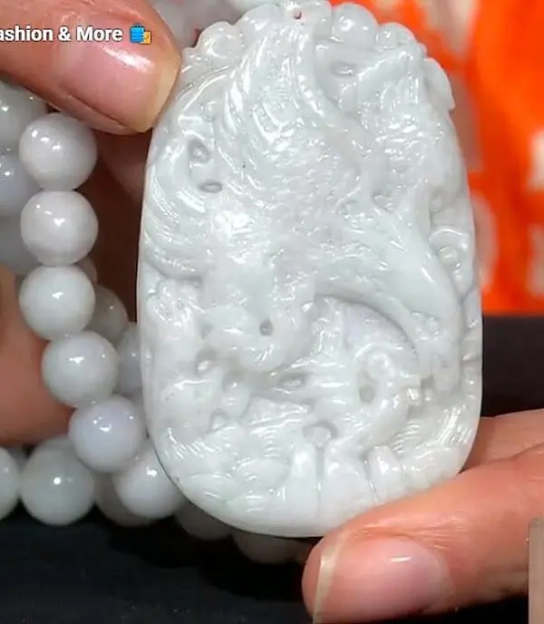 D'Joy Natural Jade 500.00 ctw Beaded Carved Eagle Necklace in Rhodium Over Sterling Silver (18-20 Inches)