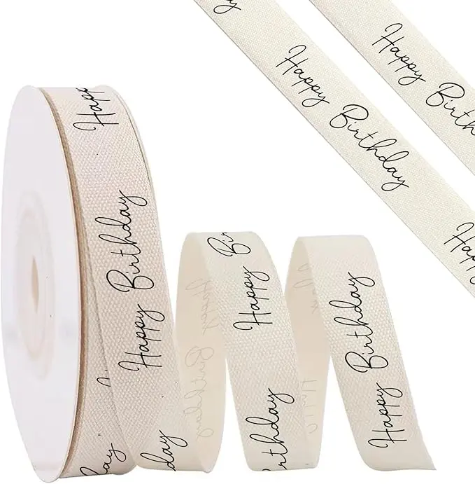 Happy Birthday Cotton Twill Tape Ribbon，5/8 Inch x 10Yard Natural Cotton Herringbone Ribbons for Birthdays Anniversaries DIY Crafts Baking Sewing Crafts Home Decor
