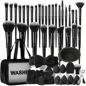56pcs Makeup Tool Set Includes: 1pc Multifunctional Zipper Toiletry and Makeup Bag Waterproof+30pcs Makeup Brush Set+6pcs Beauty Egg+3pcs Mini Beauty Egg+6pcs Triangle Powder Puff+3pcs Mini Air Cushion Powder Puff+1pc Hair Tie+2pcs Hand Bow