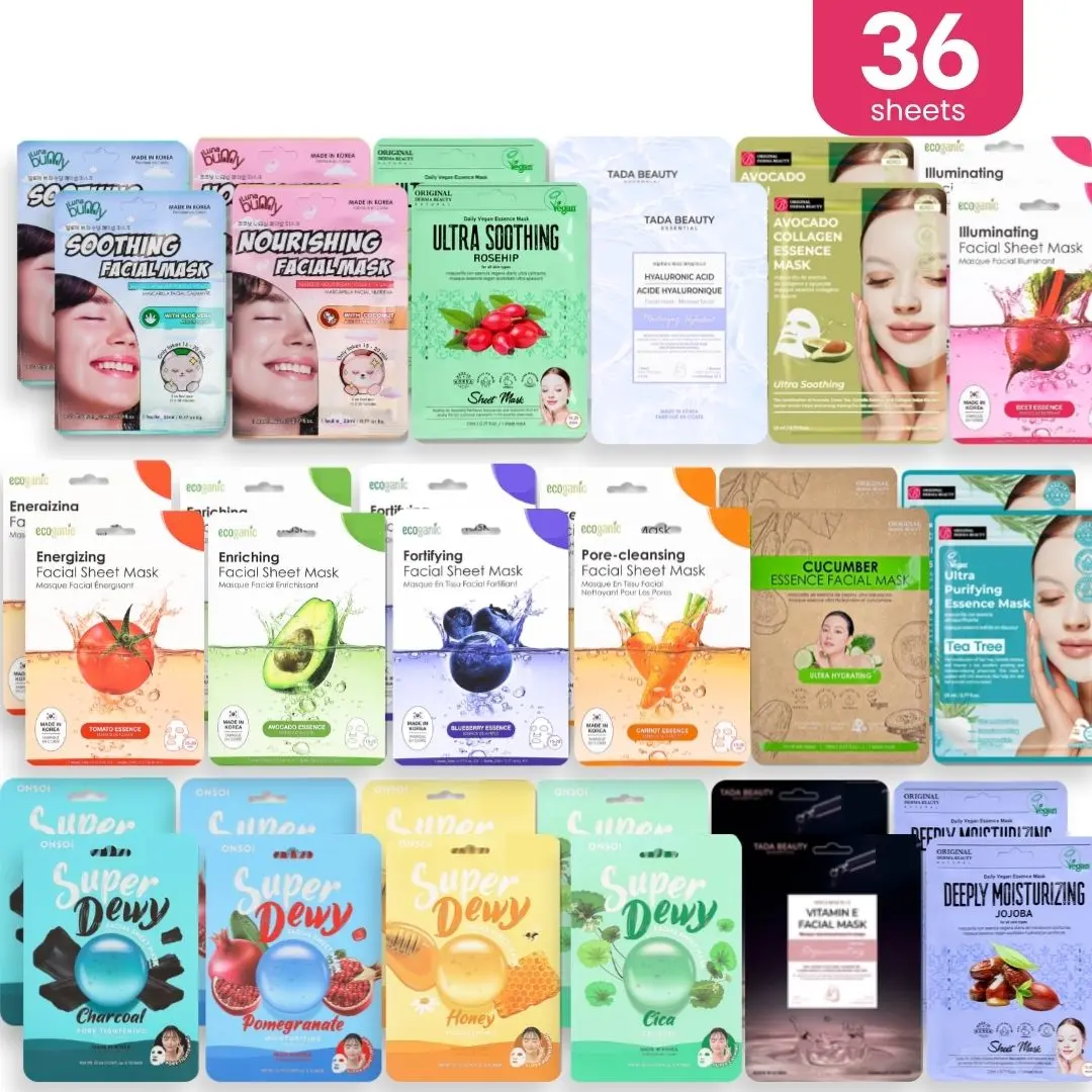 K-Beauty Facial Sheet Mask 36PCS Variety Pack | Korean Skincare for All Skin Type Hydrating Gift Set for Moisturizing and Soothing Skin