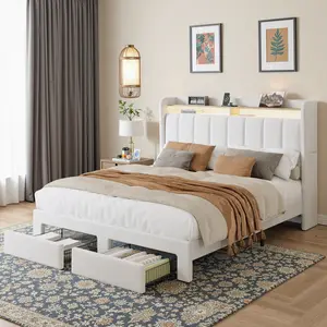 HOOMIC Dutch Velvet Upholstered Platform Bed Frame【Frame Only No Mattress】with Double Shelf Headboard (USB Outlets & LED Lights),2 Footboard Drawers,White/Dark Grey/Beige/Black/Light Grey,Full/Queen/King,No Box Spring Needed