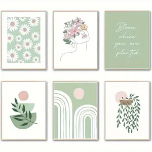 6pcs Frameless Minimalist Floral Quote Wall Art Posters, 8x10inch Decor for Bedroom Living Room, Artistic Prints of Daisy, Line - Drawing Inspiring Phrases, Fresh Relaxing Aesthetic