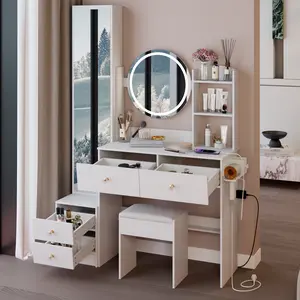 Complete Vanity Set with Full Body Mirror Cabinet & LED Table, 17" Round Touch Mirror 3-Color Dimmable, 2AC+2USB Power Station & Cushioned Stool Included