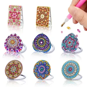 1-piece diamond painting set, small mirror, mandala flower pattern, round heart-shaped rectangular shape makeup mirror, suitable for carrying out and daily makeup use