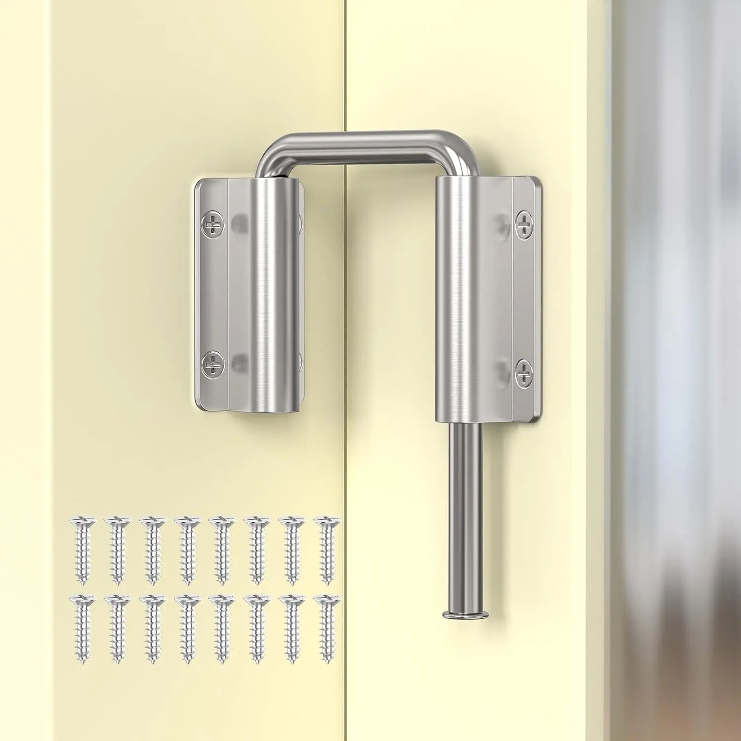 Silver-1 Pc Metal Trackless Sliding Door Loop Security Lock, 2-3/8 in U-Shaped Loop Latch with Screws, 90/180 Degree for Home Patio Sliding Doors & Window Latches