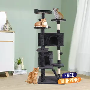 54in Cat Tree Tower, Scratch Posts, Condo, Toys, Dark Gray, Perfect for Active Cats