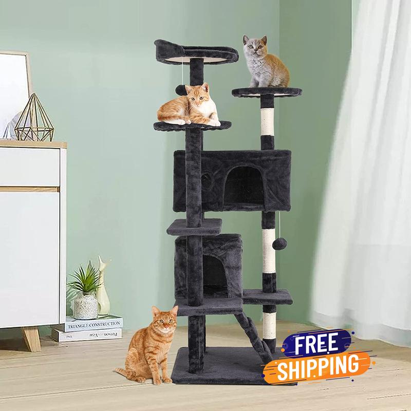 54in Cat Tree Tower, Scratch Posts, Condo, Toys, Dark Gray, Perfect for Active Cats