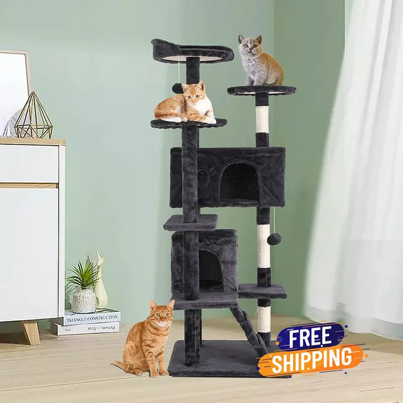 54in Cat Tree Tower, Scratch Posts, Condo, Toys, Dark Gray, Perfect for Active Cats