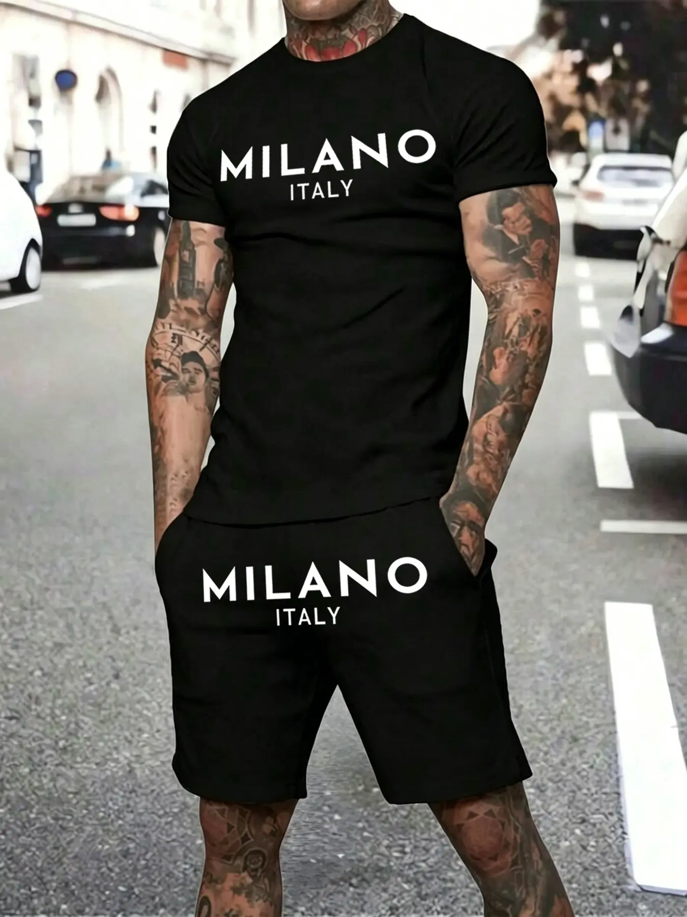 Milano Italy Letter Print Sports Suit for Men, Street Style Two-Piece Casual, Breathable Fabric with Slim T-Shirt and Loose Shorts, Ideal for Daily Outings and Fitness