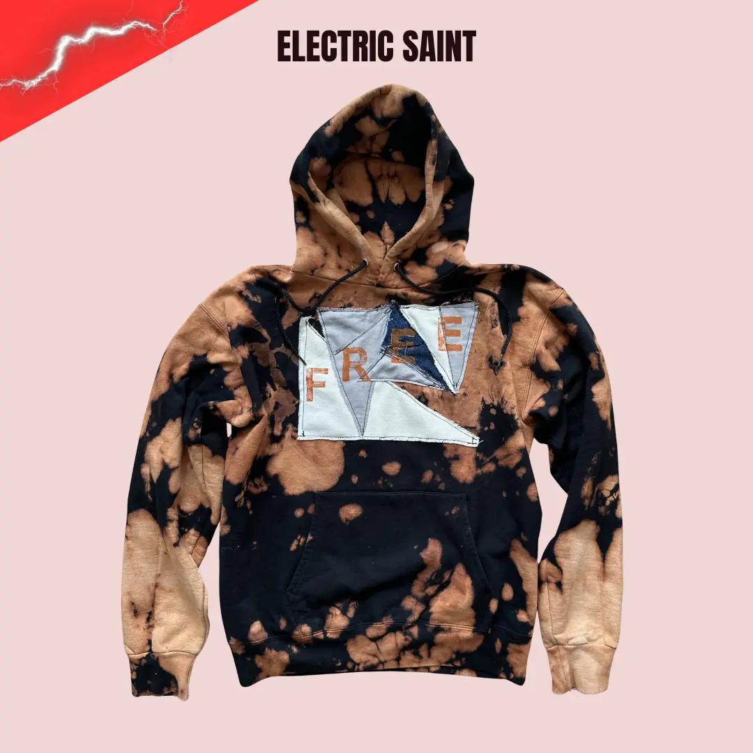 Men's Bleached Tie Dye Hoodie - Free, Upcycled Patchwork Streetwear Denim Accent Tops with Handmade Kangaroo Pocket Sweatshirt