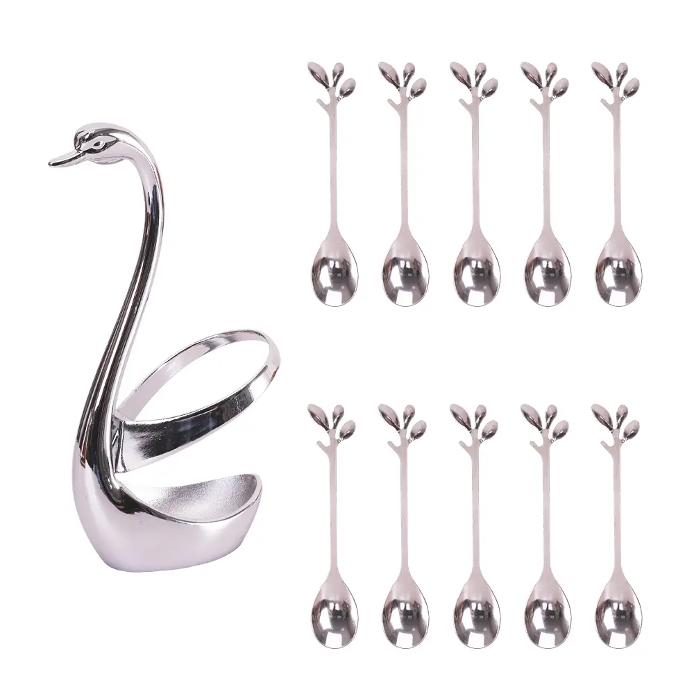 Silver Swan Base With 10-Pcs Mini Leaf Coffee Spoon Holder Set-4.8" | Stainless Steel Leaf Handle Spoons,Small Spoons,Espresso Spoons,Tea Spoons,Dessert Spoons,Demitasse Spoons