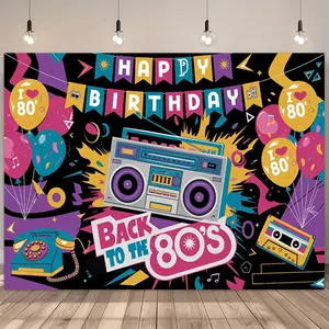1pc Retro 80s Hip Hop Happy Birthday Backdrop -  Vibrant Polyester Party Decor with Boombox, Cassette & Balloons, No Electricity Needed for Home, Studio, Holiday Celebrations, Disco Party Decorations, Home Celebration Decor, Nostalgic Design