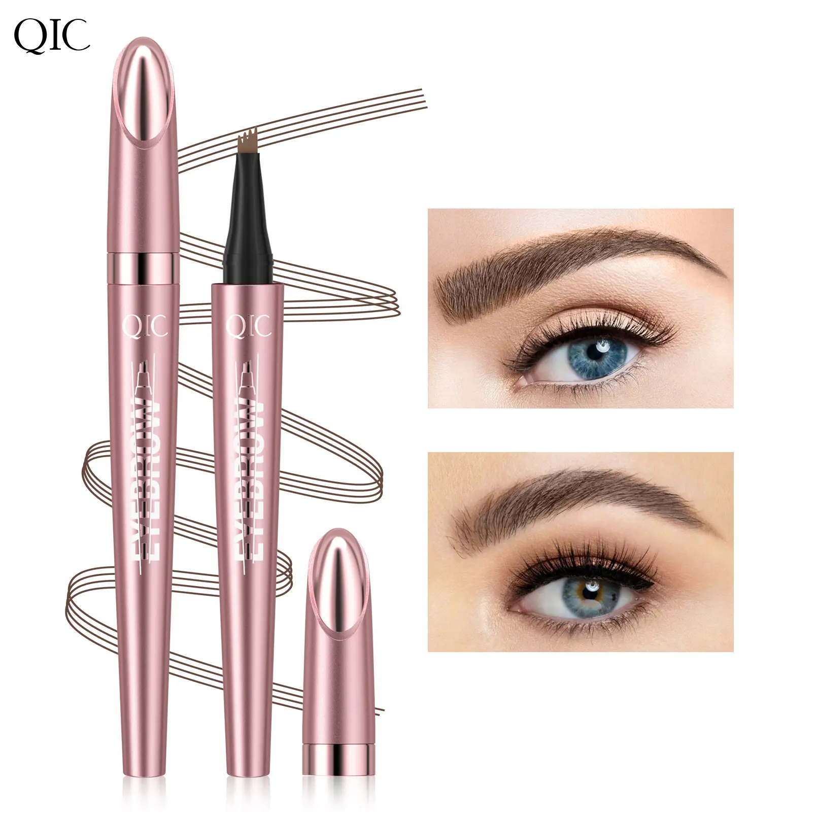 QIC 4-Tip Liquid Eyebrow Pen - Micro-Fork Tip for Natural Hair-Like Brows, Waterproof & Smudge-Proof, Long-Lasting Eyebrow Makeup, Easy to Use, 4 Shades Available