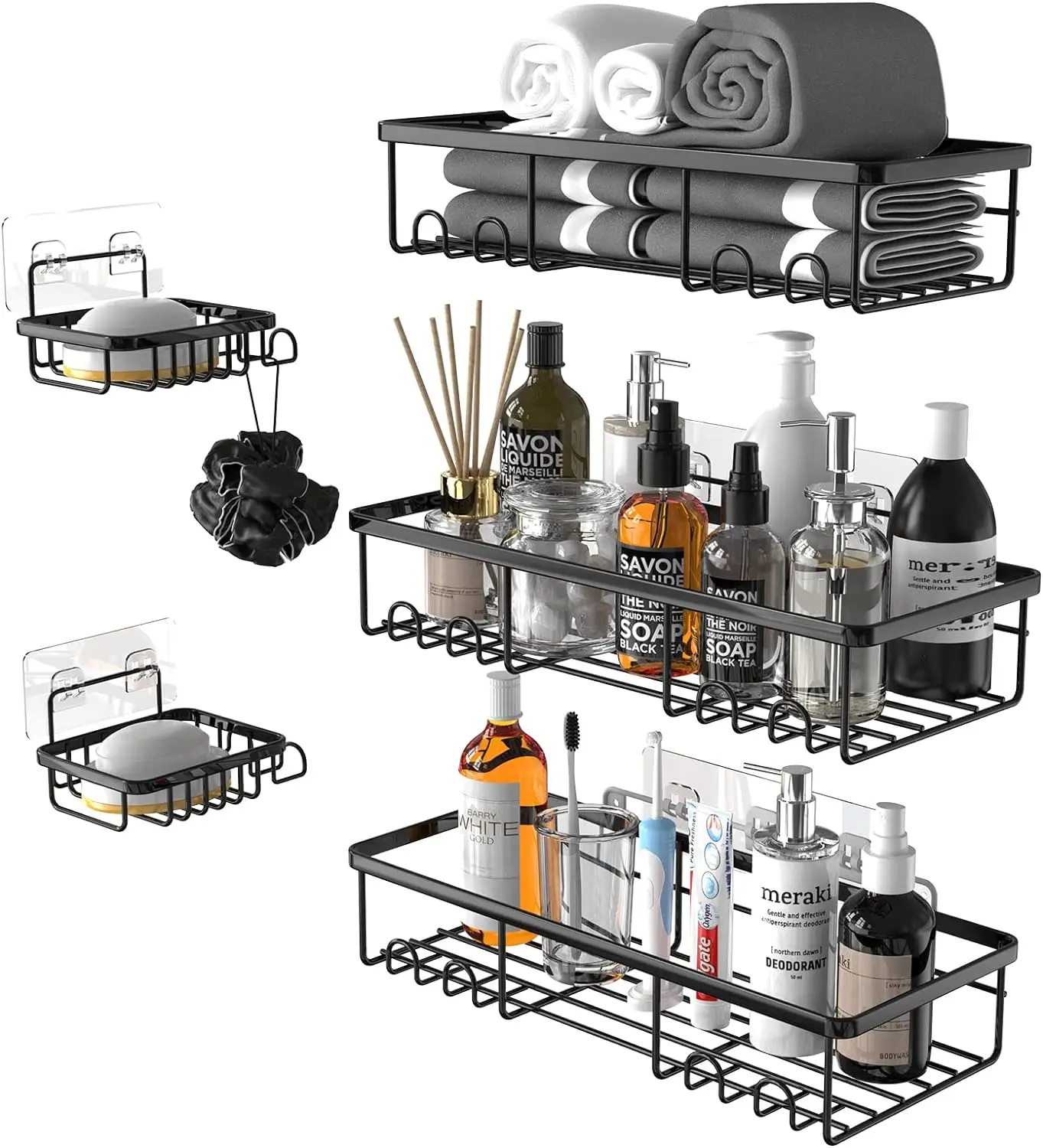 5 Packs Shower Shelves, Adhesive Shower Organizer No Drilling, with Shower Loofah Balls (1 Pack) with Adhesives or Screws Mounted for Bathroom Toilet