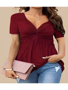 Solid Twist Front V Neck Tee, Burgundy, Elegant Casual Fitted Short Sleeve T-shirt for Summer, Casual Fashionable Top, Women's Plus Clothing for Daily Wear, Lady