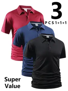 Men's Lapel Shirt 3-Piece Set, Soft Breathable Skin-Friendly, Comfortable Short Sleeve Classic Casual Fit, Ideal for Work Golf Travel Daily Wear