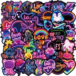 50 Pcs Cool Neon Light Stickers Animal Dolls Love Heart Rose Flower Non-Repeating Decorative Decals, Fun Party Supplies, Sticker Sheets
