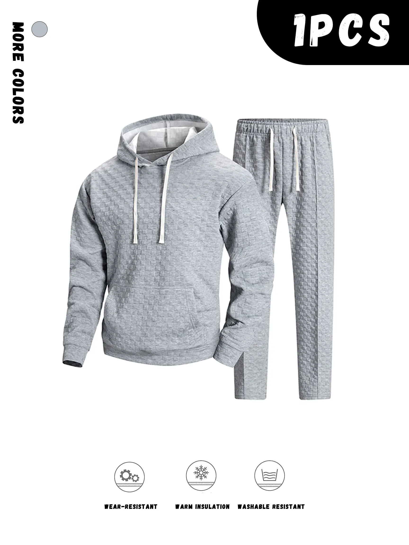 Fashion waffle knit men’s two-piece athletic set featuring a hooded sweatshirt with front pocket and elastic drawstring, paired with straight-leg stretch sports pants—a soft, stretchy casual sportswear outfit.