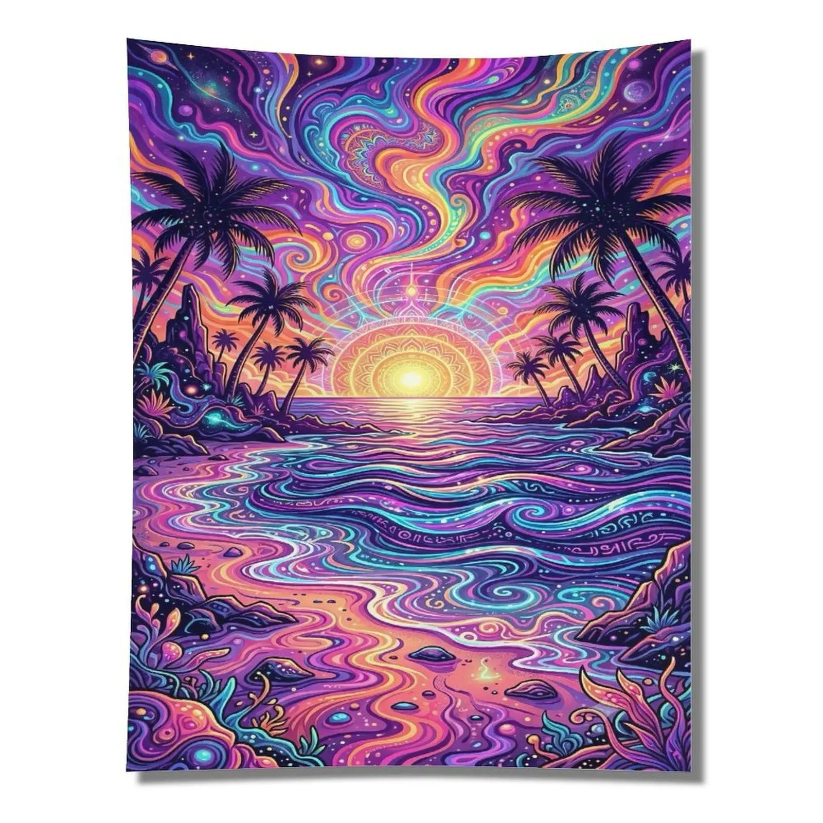 Trippy Rainbow Swirl Wave Tropical Palm Beach Psychedelic Mandala Sunset Hippie Boho Wall Tapestry