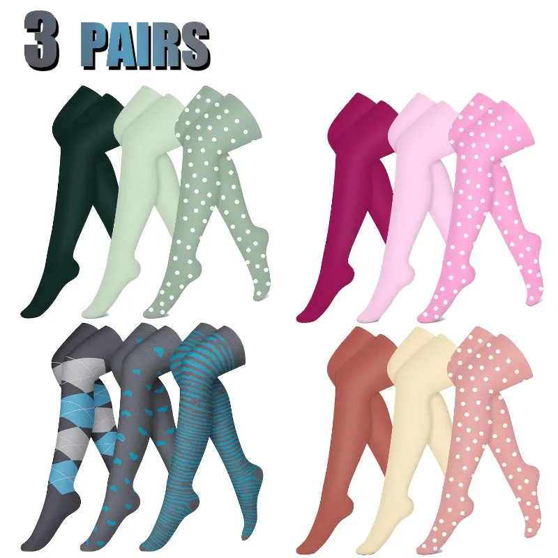 Polka Dot 3pcs Over-the-Knee Compression Socks - Elastane & Spandex Blend for Sports & Outdoor Activities