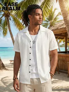 Men's Summer Breathable Loose Fit Cuban Collar Shirt, Vintage Hollow Out Knit Short Sleeve Casual Top, Holiday Style