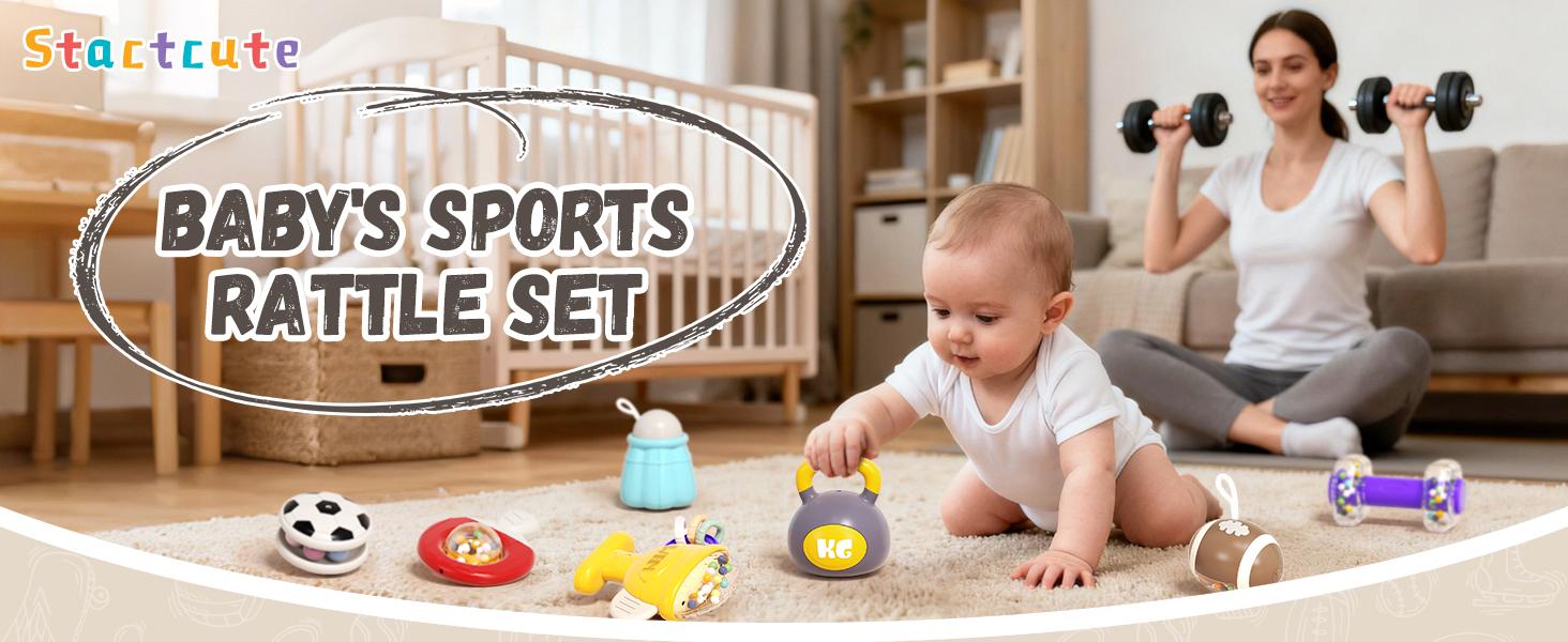 11-Piece Sports Baby Rattles & Teether Toys with Soft Gym Bag, Infant Sensory Grasping Shakers, Early Development Set for Newborns 0-6 6-12 Months