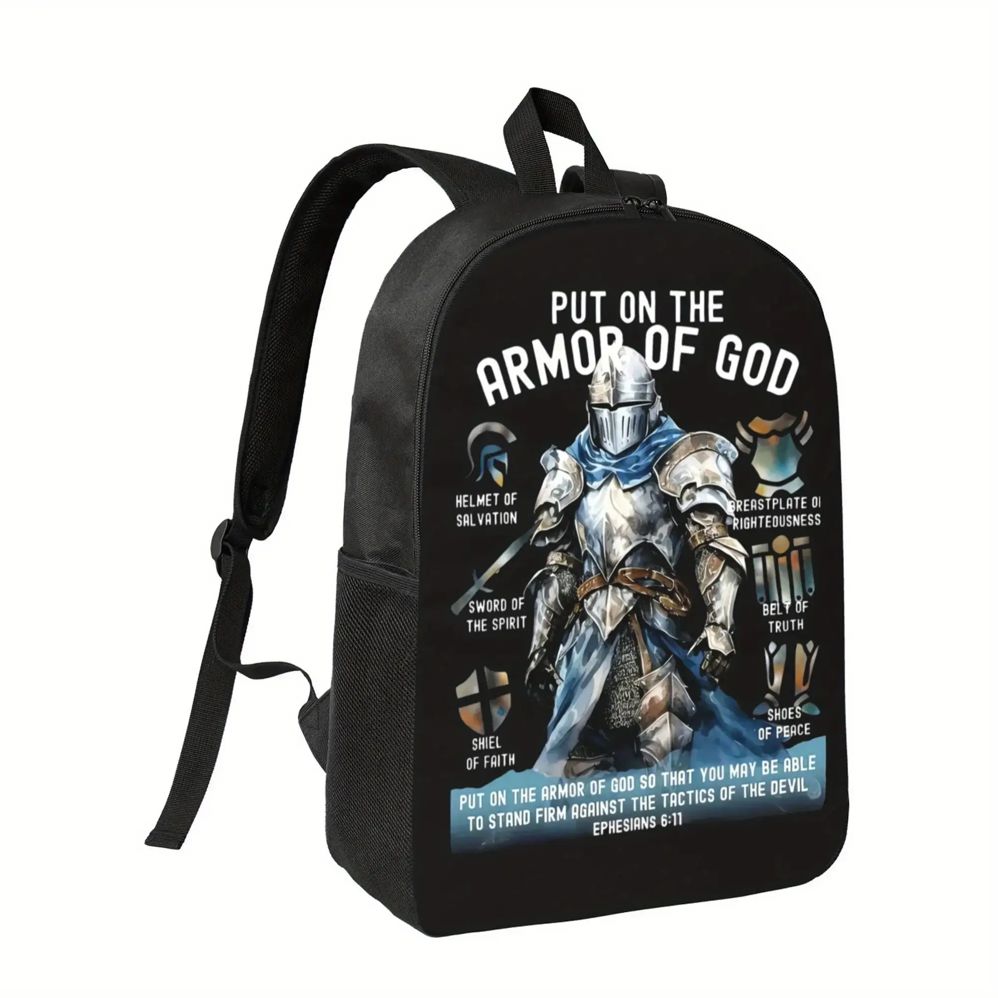 Best Trendy Boys' Christian Backpack with Put On the Full Armor of God Design - Ephesians 6:10-18 Scripture, Lightweight Zipper Closure School Bag, Adjustable Shoulder Straps, Spiritual Warfare Backpack for Church, Bible Study - Religious Gift for Teens