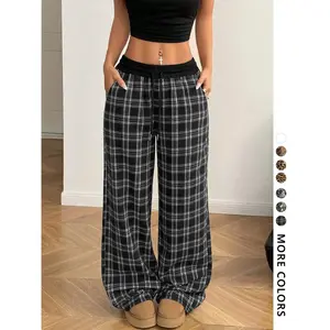 Women's checkered printed wide leg sports pants, spring and autumn casual comfortable pants, women's daily underwear, women's clothingRAIMENTRY