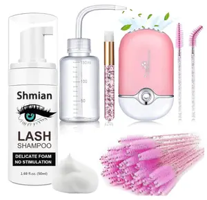Shmian Lash Shampoo for Lash Extensions, 50ml Eyelash Foam Cleanser and 50 Pcs Eyelash Brush and Rinse Bottle Mini Fan Oil Free/Sulfate Free Eyelash Wash Remover For Eyelash Extension Makeup Removel