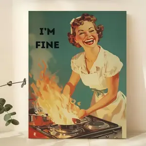 Retro 1950s Housewife Cooking Poster – Vintage Cartoon Kitchen Wall Art, Retro Kitchen Decor, Vertical Print