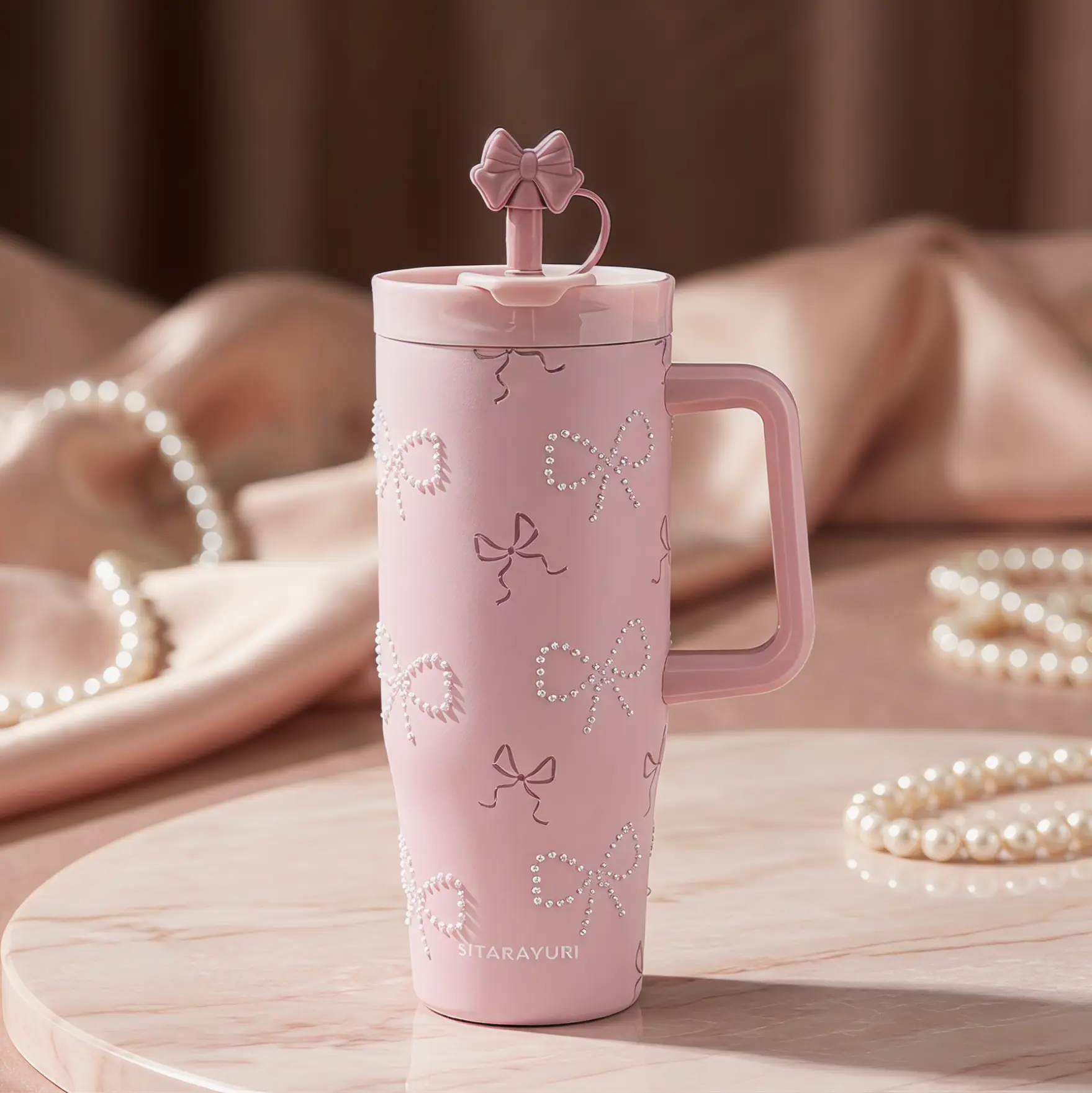 40oz Insulated Tumbler with Handle, Handmade 3D Pearl Bow Decor, Stainless Steel Vacuum Travel Mug for Hot/Cold, 2-in-1 Dual Drink Lid & Straw Cover, Car Office Drinkware, Perfect Gift for Girlfriend.