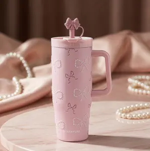 40oz Pink Coquette Tumbler with Handle and Straw, 3D Pearl Bow Insulated Stainless Steel Water Bottle with Dust-Proof Straw Cover outdoorfun