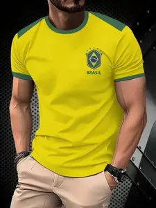 Men's Brazil Football Jersey T-Shirt, Lightweight Breathable Fabric, Casual Fitted Short Sleeve, Perfect for Fans and Match Days, Jersey Tee