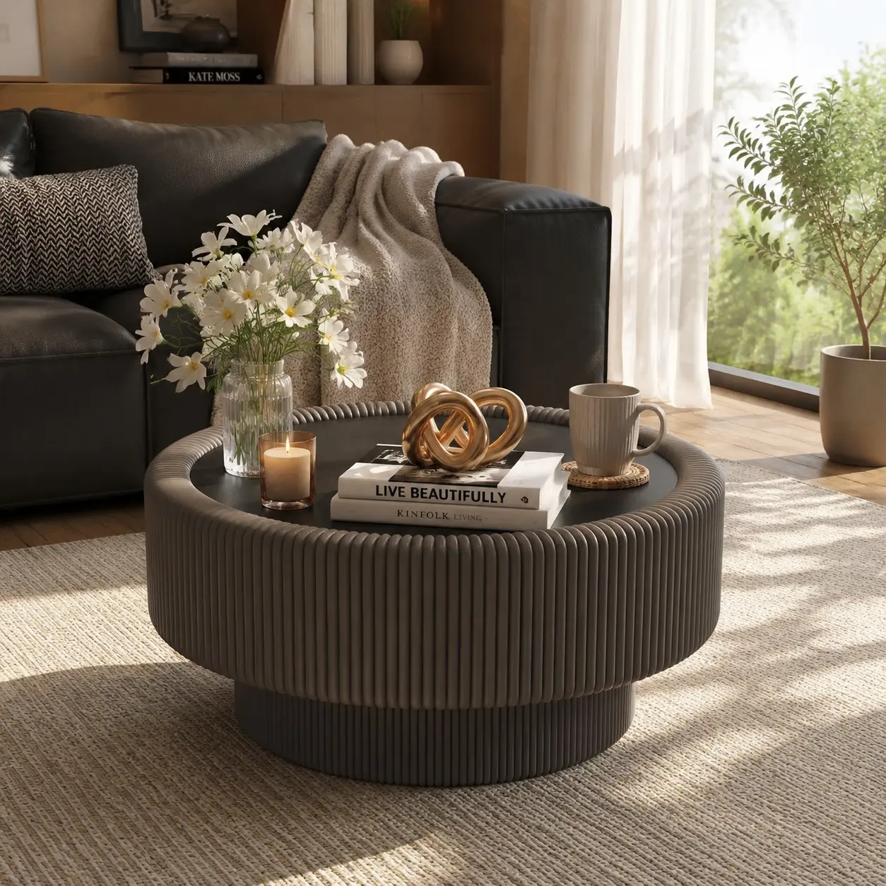 Littleox Viral Fluted Round Storage Coffee Table 31.5 Inch, Safe Tempered Glass Surface, Soft Leather Frame, Hidden Compartment Modern Multicolor Living Room Table